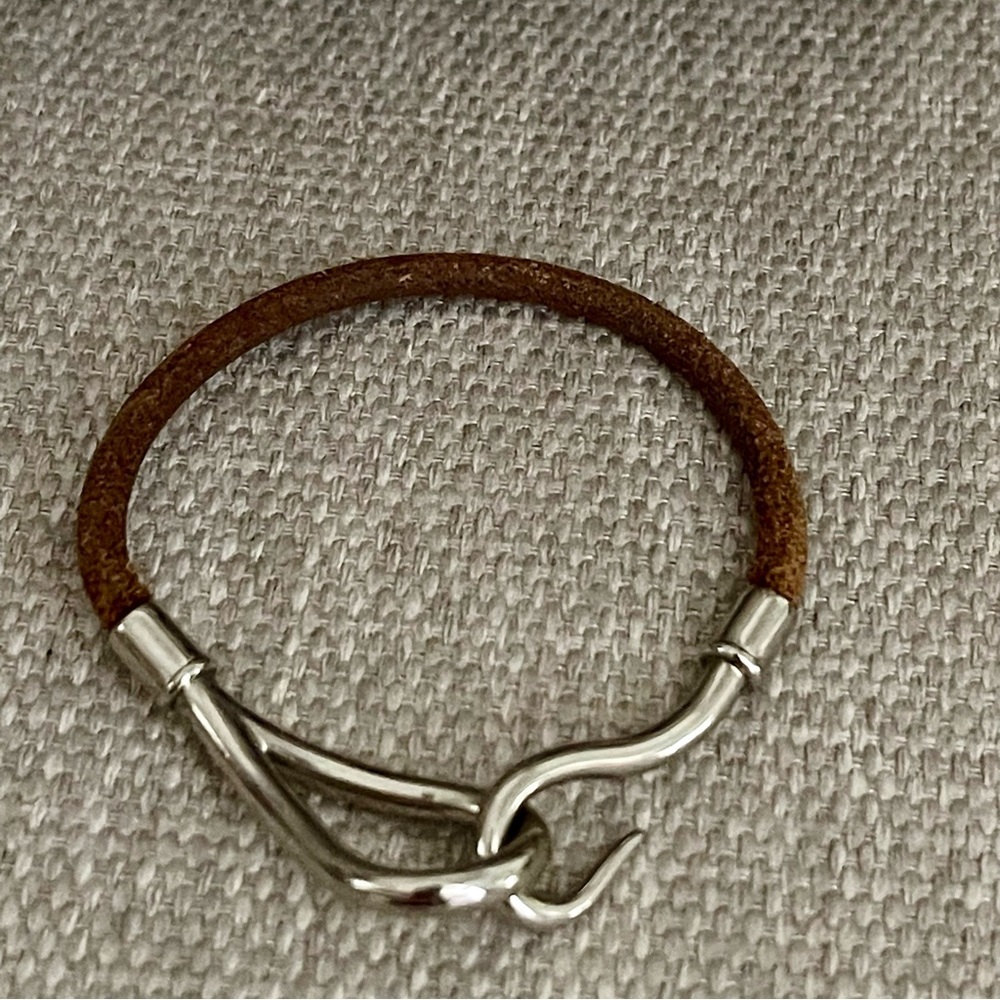 ⭐️COA⭐️HERMÈS JUMBO HOOK BRACELET⭐️Silvertone & Leather Cord Bracelet Authentic